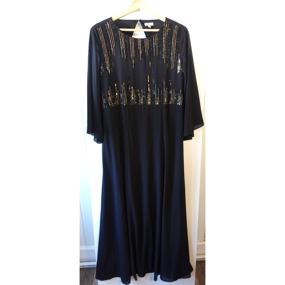 Vintage Womens Party Dress 14 Black Gold Sequin Flowy Boho Whimsigoth Fairy Maxi